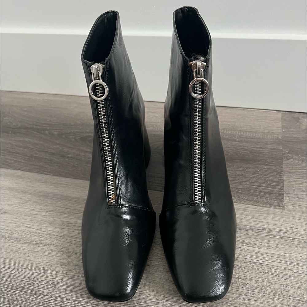 ZARA TRAFALUC Black Leather Ankle Boots with Zipper 3” heel Square Toe Size 38
